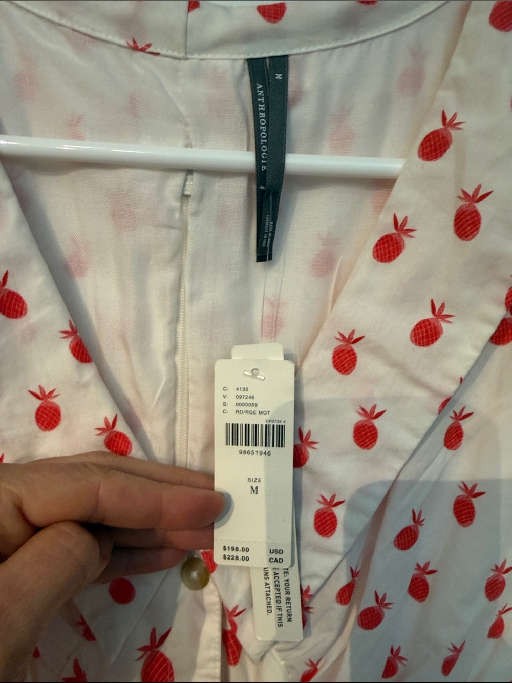 Anthropologie White and Pink Pineapple Printed V-Neck Midi Dress (M) - Picture 2 of 13